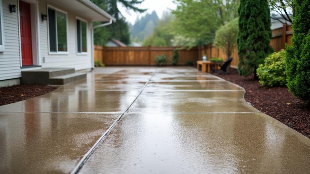 A concrete driveway glistening with rain in a residential area.