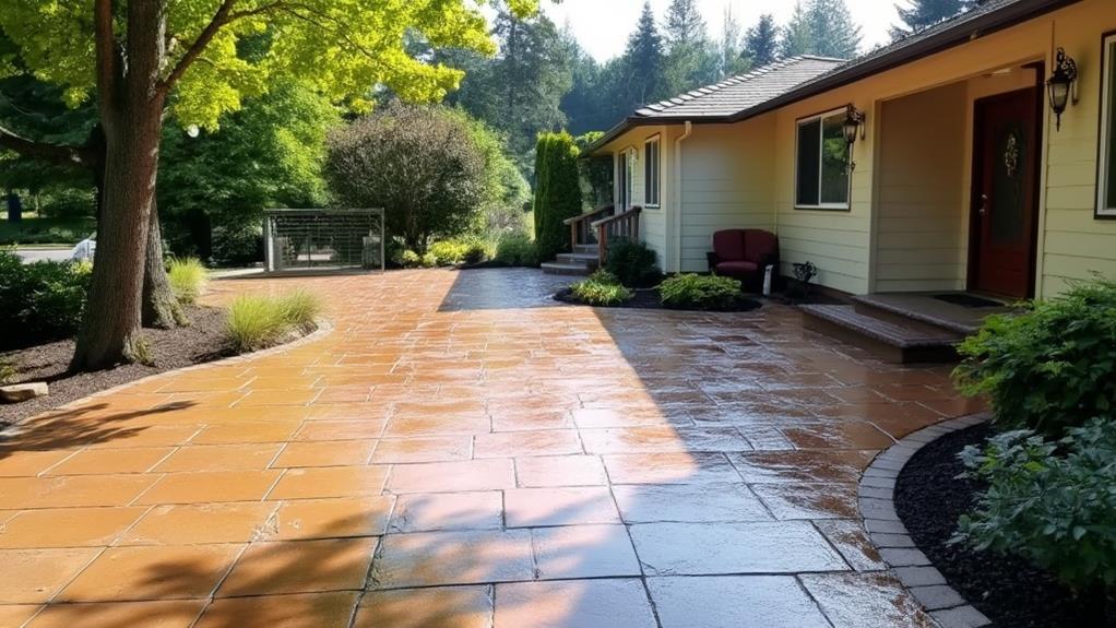 A large concrete patio with a decorative pattern, located in a residential area.