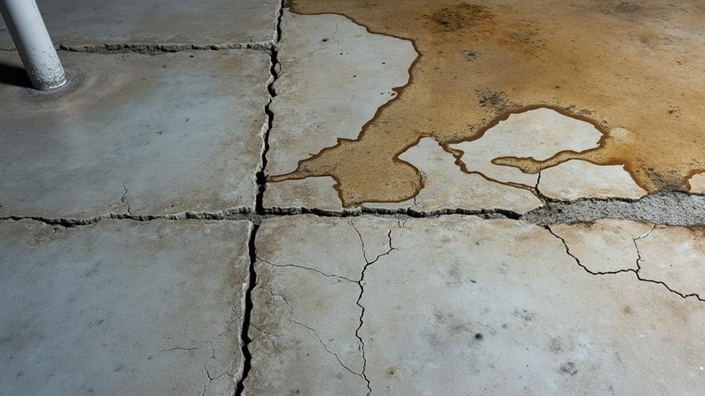 A cracked concrete floor with water damage.
