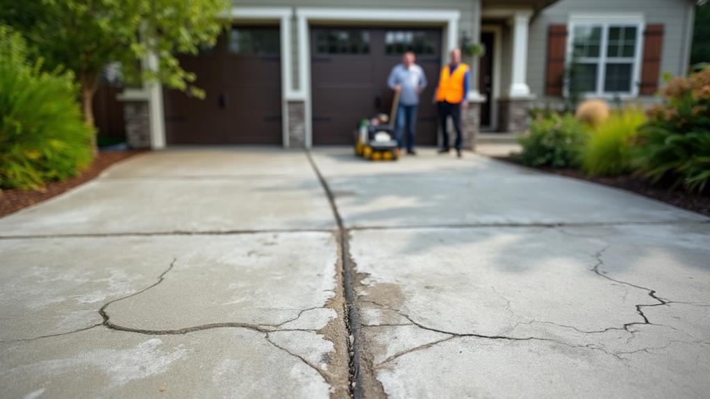 A cracked driveway with two people in the background.