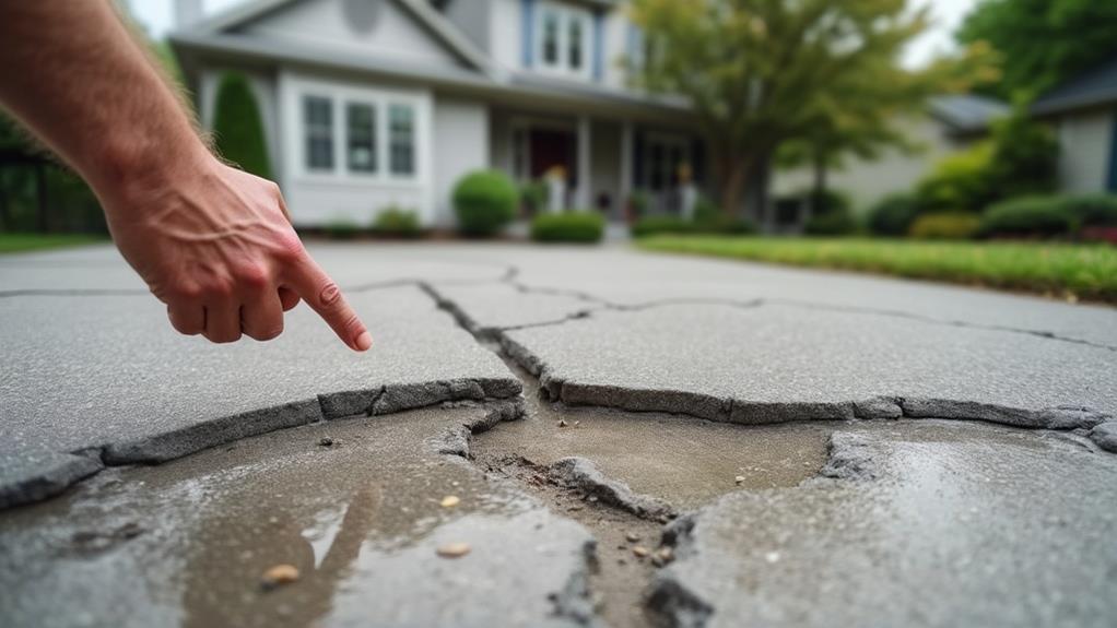 A cracked and uneven concrete driveway.
